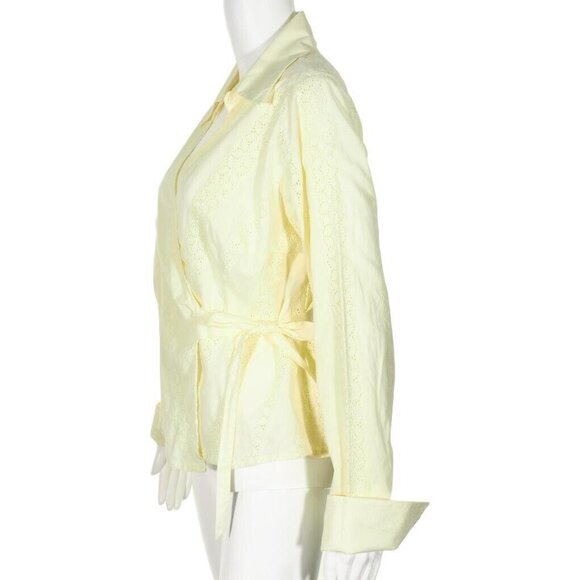 Swarri Wrap Top Womens Large Yellow Eyelet V Neck French Cuffed Cotton - Picture 4 of 9